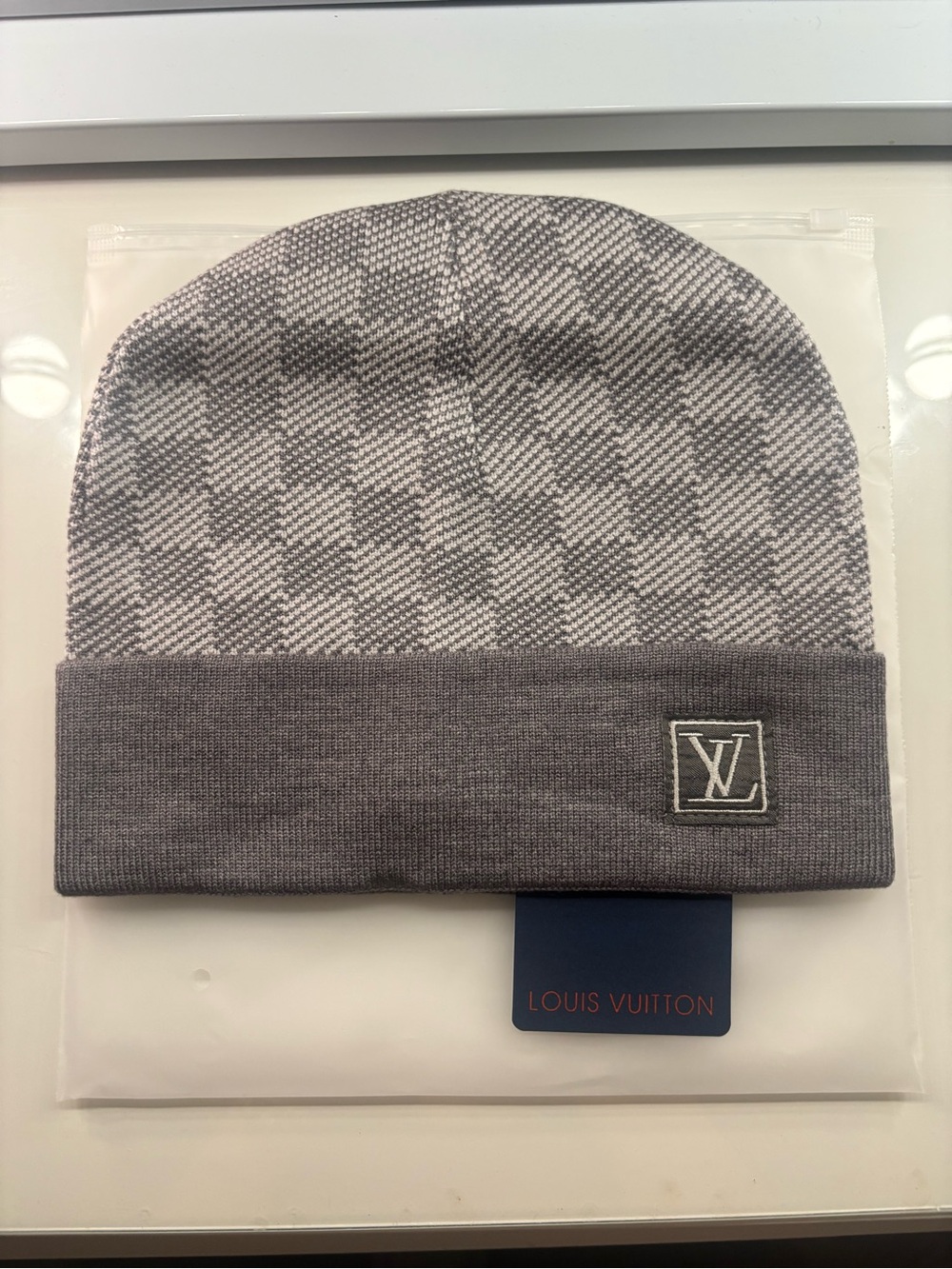 Louis Vuitton Gray Checkered Knit Cuff Beanie